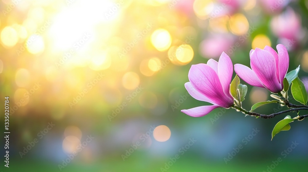 Pink magnolia blossoms in sunlit garden with bokeh background.