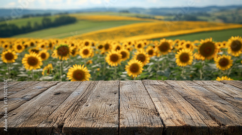 Rustic wooden table close up with blurred sunflower field under a bright blue sky. Product display for agricultural, organic, eco-friendly, and rural lifestyle themes. Vibrant summer background