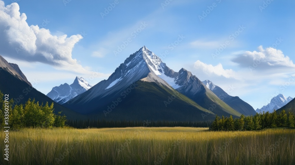 Fototapeta premium Majestic mountain landscape with snowy peaks and clear blue sky in serene natural setting.