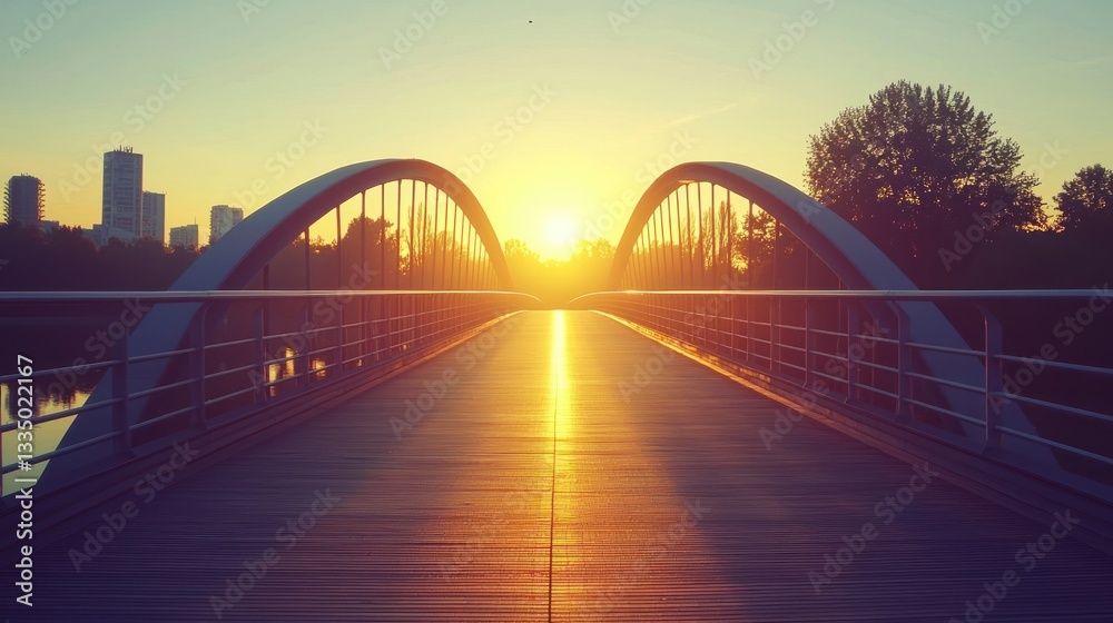 Fototapeta premium Sunrise over modern bridge, city skyline in background