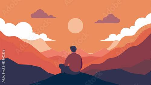 Nature Appreciation A person sitting peacefully on a mountaintop taking in a beautiful sunset with a thought bubble highlighting their appreciation for natures beauty.