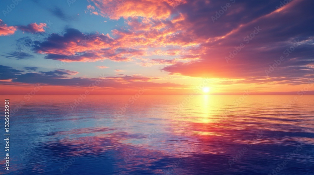 Obraz premium Vibrant sunset over calm ocean with colorful clouds and reflections.