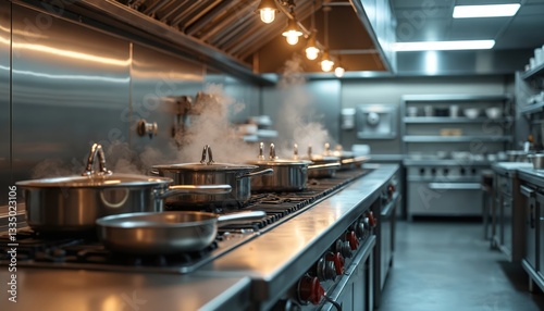 Empty commercial kitchen with pro equipment. Stainless steel metal interior restaurant range with nobody inside. Shiny clean chrome cooking surface with steam from pans. Catering service industry.