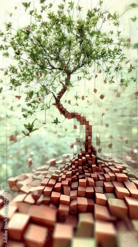 Abstract Pixelated Tree in a Digital Landscape.  A Stunning Visual of Nature's Digital Transformation