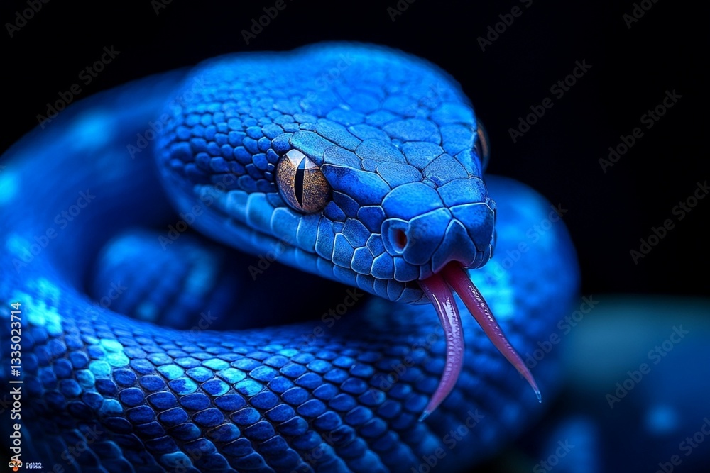 Obraz premium Vibrant blue viper, Macro snake portrait, Striking red eye, Forked tongue, Scaly texture, Intense gaze, Closeup reptile, Venomous serpent, Neon blue scales, Black background, Detailed snake skin, Wild