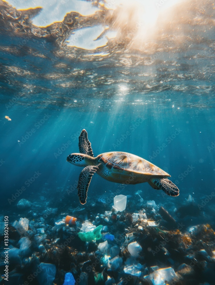 Obraz premium Sea turtle swimming above ocean pollution in sunlit waters.