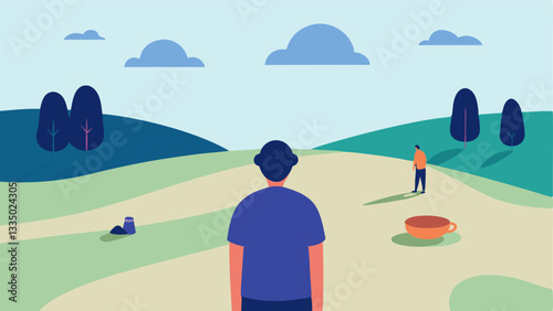Open Spaces Phobia A person stands rigidly near an open field surrounded by vastness with worried eyes gazing outward while others in the distance enjoy a sunny picnic illustrating