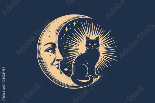 Mystical black cat sitting on a crescent moon, vintage engraving