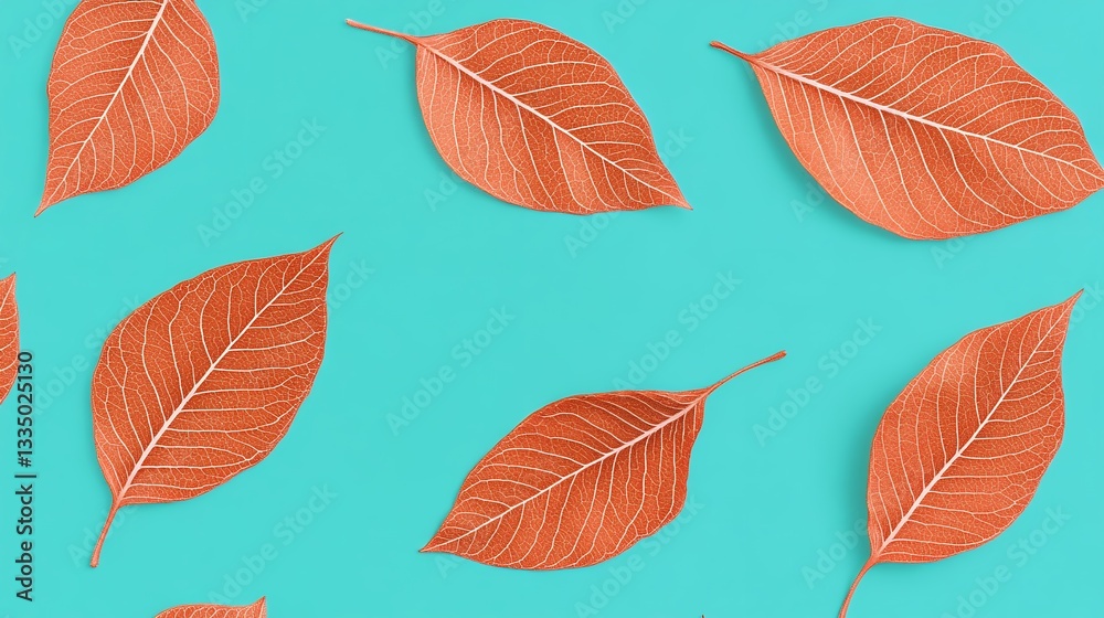 Fototapeta premium Vibrant Orange Leaves on Teal Background Autumnal Pattern Design