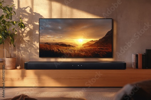 Smart TV with sound bar in modern home entertainment system setup