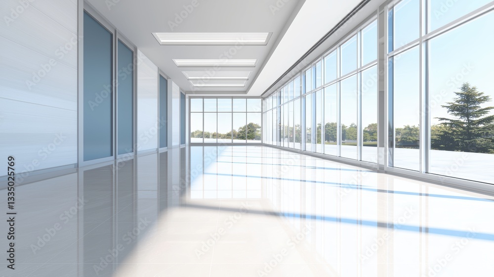 Fototapeta premium Ultra-modern hospital hallway with a seamless design, soft pastel blue accents, and natural sunlight streaming through expansive glass panels