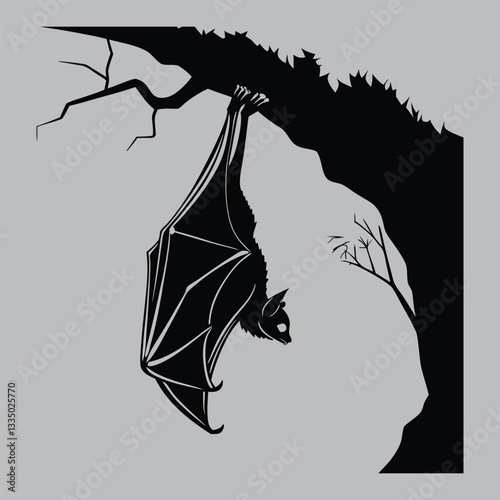 a bat hanging upside down in a cave silhouette vector design art and illustration