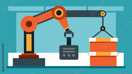Robotic Arm lifting Heavy Parts A powerful robotic arm lifts a large metal part with ease showcasing its strength and capability to handle heavy loads in a manufacturing facility.