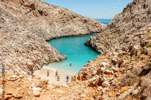 Fototapeta Naklejka Na Ścianę i Meble -  Aerial top view of beach of Seitan Limania in bay with turquoise water and an unusual shape in Akrotiri, Crete.