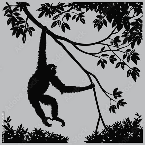 a gibbon swinging through trees silhouette vector design art and illustration