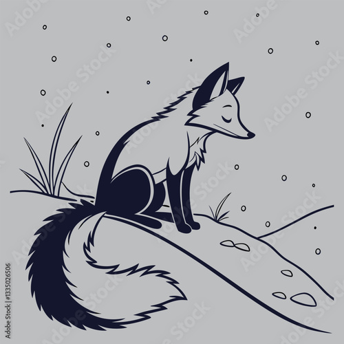 a fox curled up in the snow silhouette vector design art and illustration