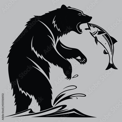 a grizzly bear catching fish silhouette vector design art and illustration