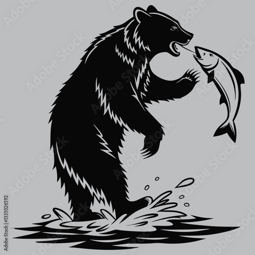 a grizzly bear catching fish silhouette vector design art and illustration
