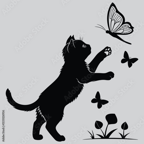 a kitten playing with a butterfly silhouette vector design art and illustration