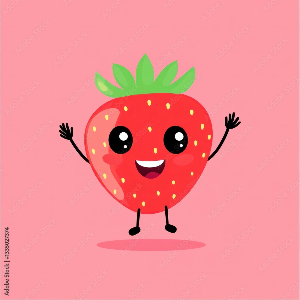Fototapeta premium Smiling cartoon strawberry character with arms and leaves on pink background.