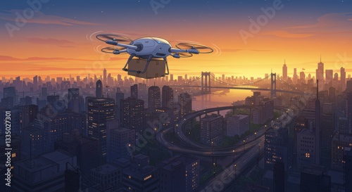 Futuristic drone delivers package over cityscape at dusk with glowing skyline