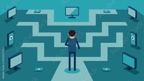 Mind Maze A character standing at a maze made of screens and devices looking confused about how to navigate through the overwhelming array of distractions.