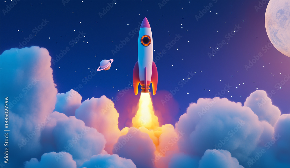 Naklejka premium A rocket taking off into the sky, leaving behind a trail of smoke against a colorful, dreamy background, symbolizing innovation, exploration, and adventure.