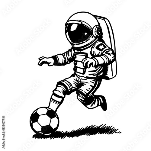 astronaut playing soccer, football spaceman illustration