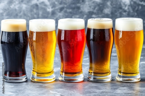 Five different beers displayed with varying colors and foam tops