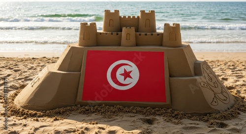 Intricate sandcastle design with tunisian flag on a sunny beach photo