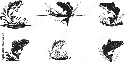 Jumping Fish with Splashing Water Silhouette Vector Minimalist Design Set