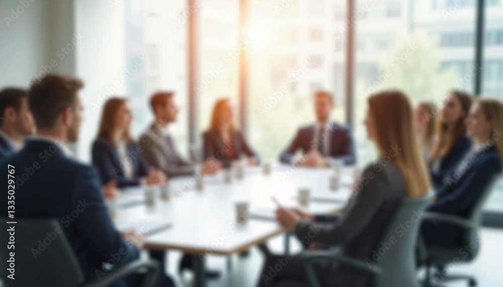 Blurred image of business meeting with team sitting at table. Abstract office background with sunlight and defocused corporate employees discussing project plan. Backdrop for startup or presentation. Blurred image of business meeting with team sitting at table. Abstract office background with sunlight and defocused corporate employees discussing project plan. Backdrop for startup or presentation.