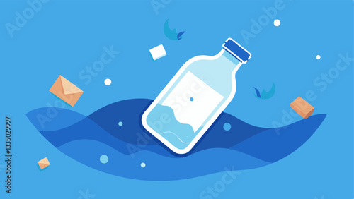 Message in a Bottle A whimsical depiction of a cartoonstyle bottle with a note about the importance of keeping oceans clean floating on the water surrounded by plastic.