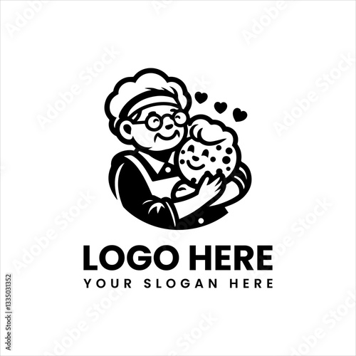 Grandma hugging cookies vector logo, warm bakery emblem with cute retro granny illustration