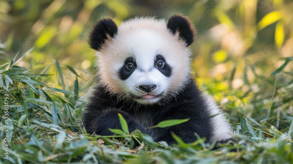 Fototapeta premium Adorable baby panda sitting in lush green bamboo forest