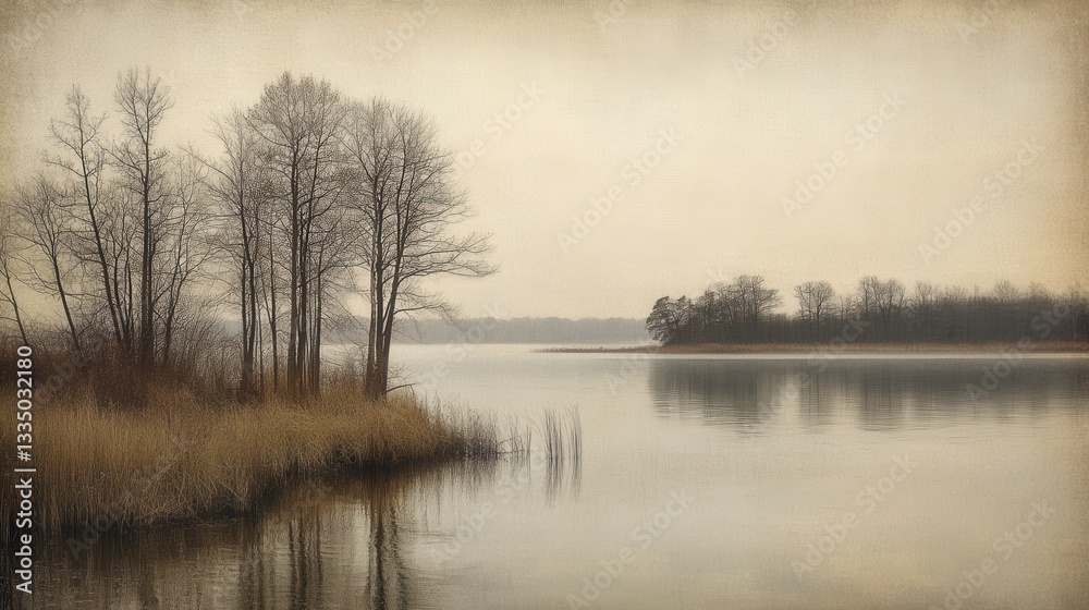 Fototapeta premium Tranquil Winter Landscape with Still Water and Bare Trees