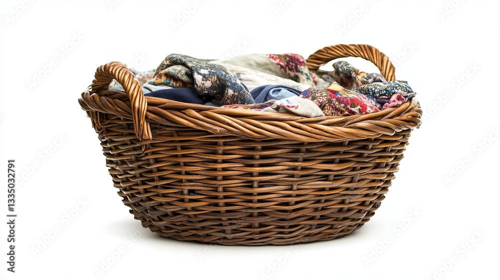 Obraz premium A wicker laundry basket containing clothes, isolated on a white background.