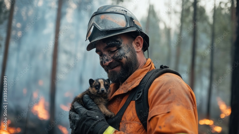 Obraz premium Male firefighter rescues small raccoon from forest fire with smiling expression.