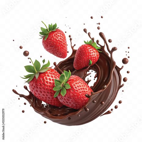 abstract 3d chocolate splash into strawberry in round style isolated on a white background