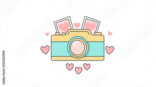 Cute camera with hearts, photo concept, simple design, social media