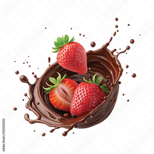 abstract 3d chocolate splash into strawberry in round style isolated on a white background