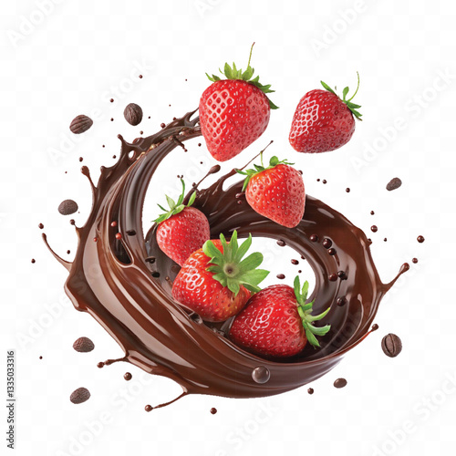 abstract 3d chocolate splash into strawberry in round style isolated on a white background