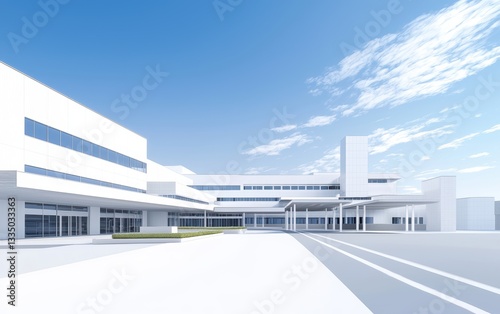 State-of-the-art hospital facility with a luxurious entrance, polished glass surfaces, and modern landscaping, set in a clean urban environment, anime concept