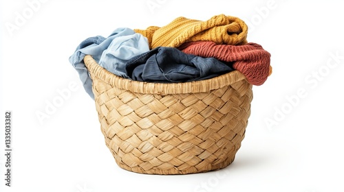 A wooden laundry basket filled with clothes, isolated against a white background. 