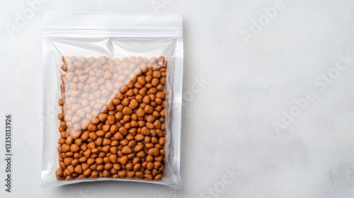 Transparent packaging of premium cat food, label highlighting high protein, omega-3, and taurine benefits