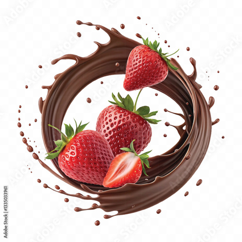 abstract 3d chocolate splash into strawberry in round style isolated on a white background