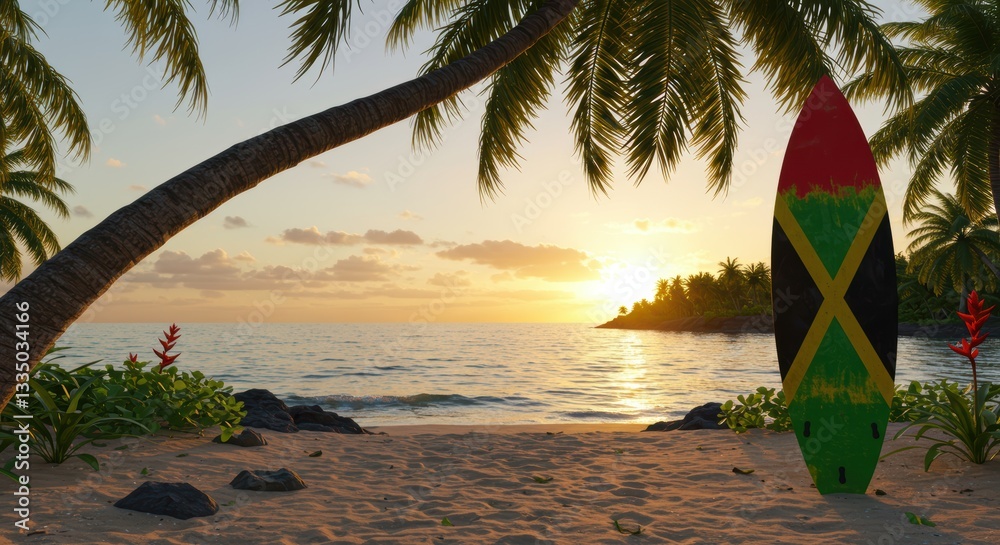 custom made wallpaper toronto digitalTropical beach sunset with jamaican flag surfboard under palm trees
