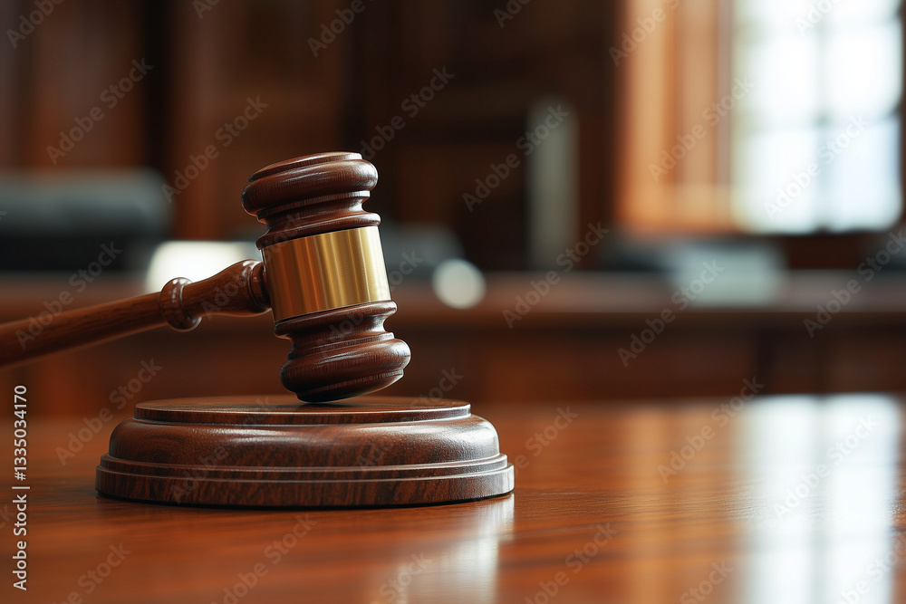 wooden gavel lying on the table in front of an American courtroom with blurred background view from behind bench with judge's chair and flag in Indian courtroom interior stock photography style wooden gavel lying on the table in front of an American courtroom with blurred background view from behind bench with judge's chair and flag in Indian courtroom interior stock photography style