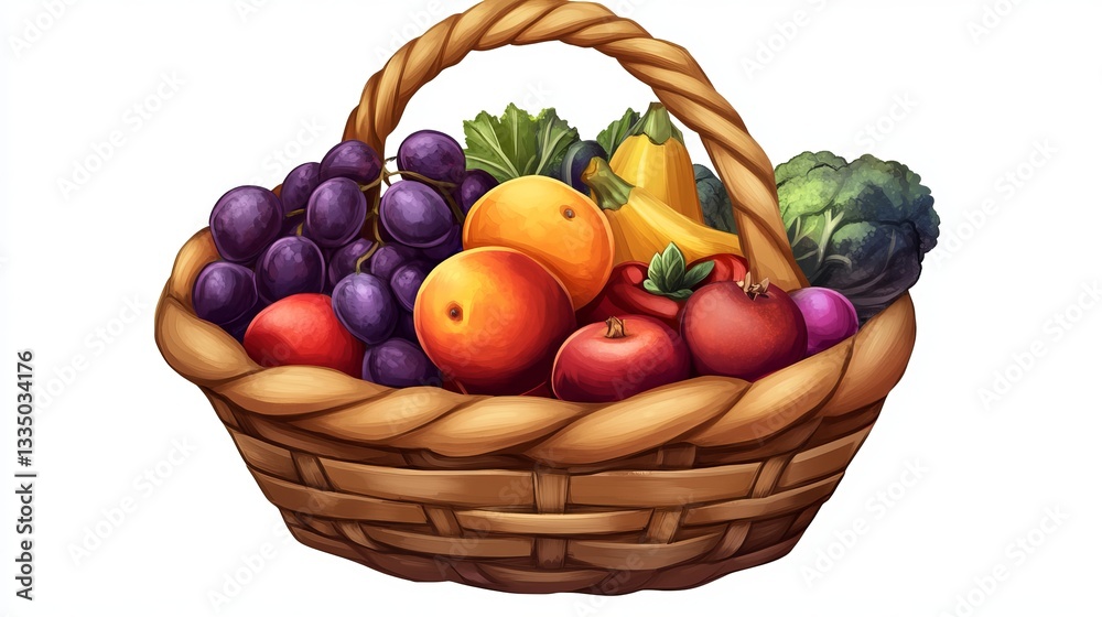 High-quality JPG of a fruit basket featuring fresh, colorful produce, including fruits and vegetables, along with a blank basket PNG for culinary and fresh produce-themed designs. 