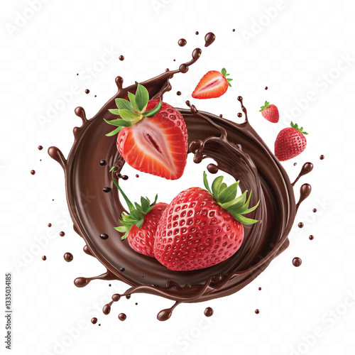 abstract 3d chocolate splash into strawberry in round style isolated on a white background